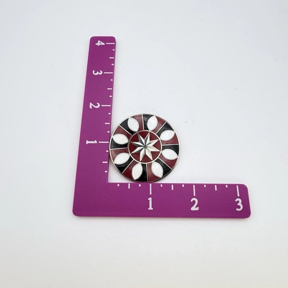 Vintage Enamel Geometric Starburst Brooch Red Black White Round 1.75